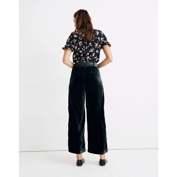 Madewell Velvet Pleated Wide-Leg Pants Smoky Spruce Green | Size 10 - Picture 3 of 16